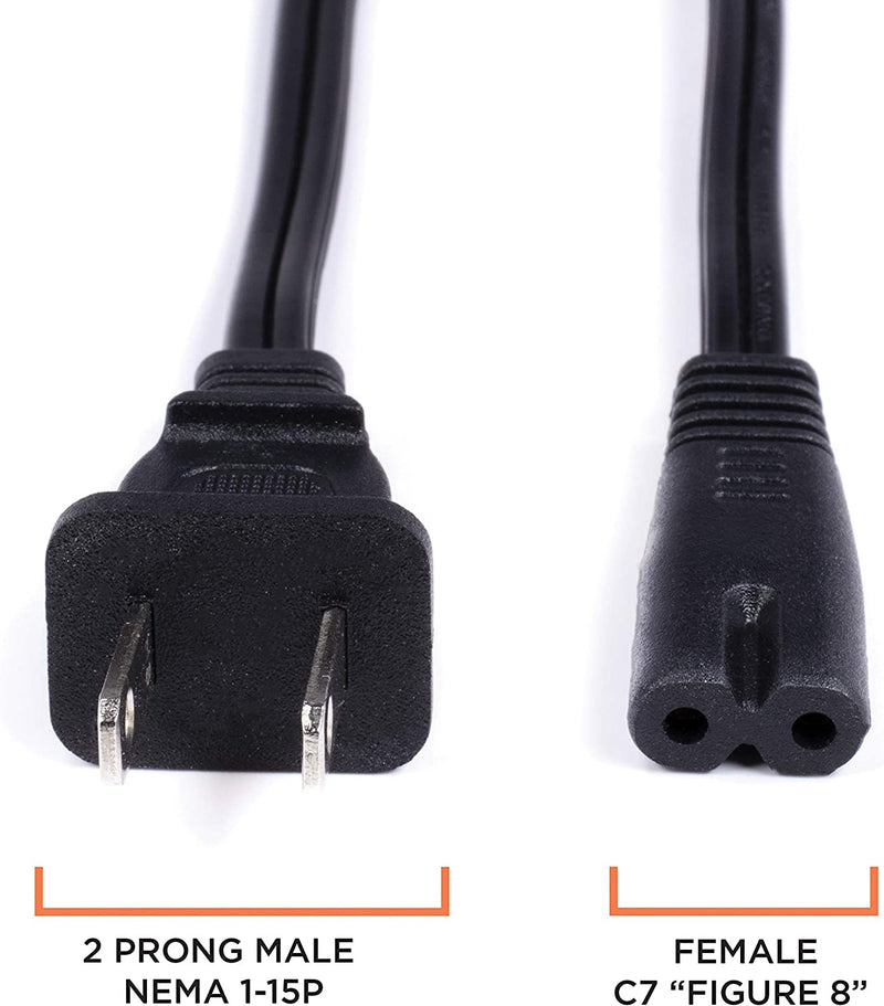 Figure 8 Power Cord (2 Prong) with Copper Wire Core - Non Polarized for Satellite, CATV, Game Systems, and More - NEMA 1-15P to C7 C8 / IEC 320 - UL Listed - Black, 4 Feet (1.2 Meter) Power Cable