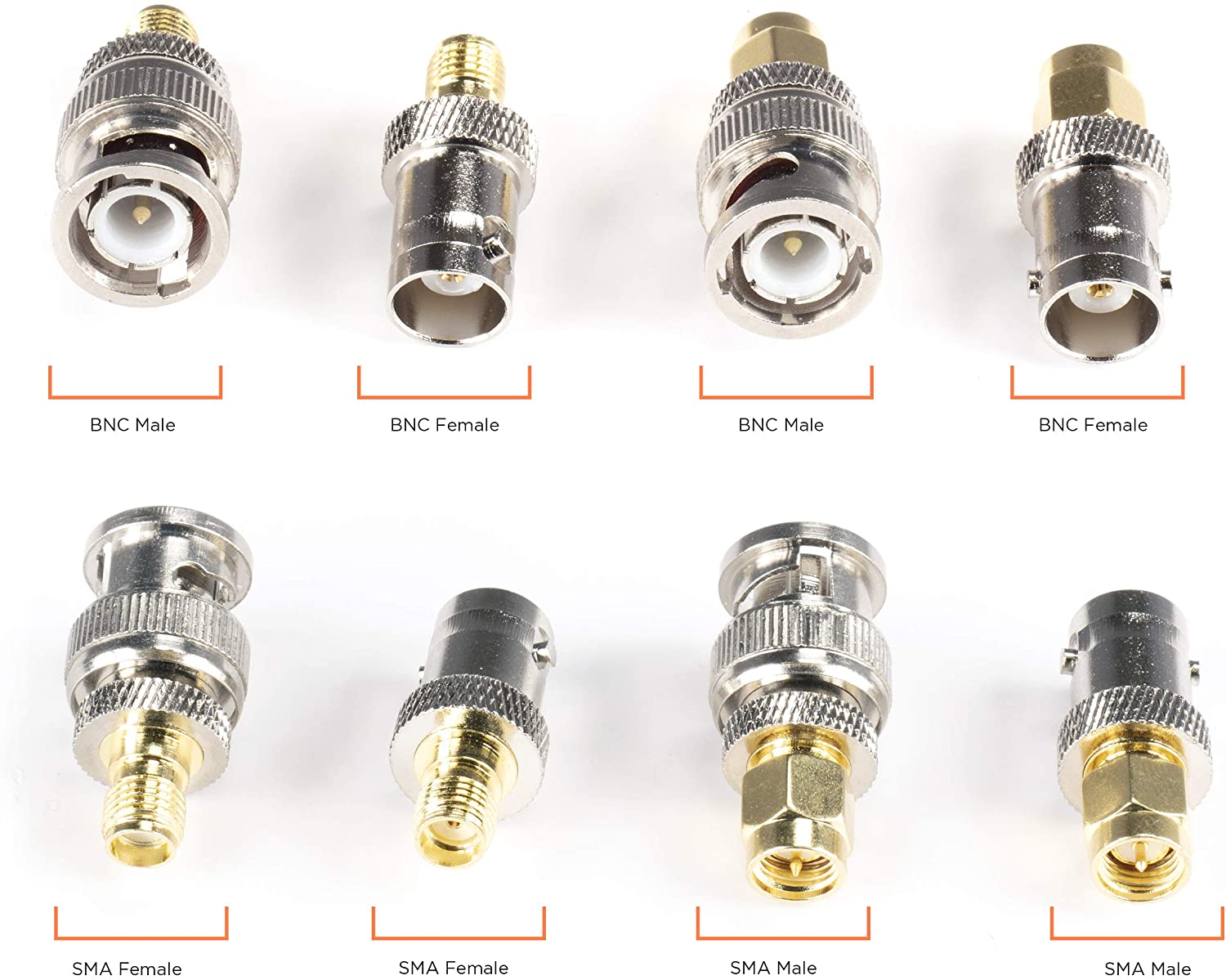 Gold SMA Female and Male Adapters - 4 Pack Couplers, 1 Each Connector, Male to Female Coaxial (RF) Connector, Compatible with RF, SDI, HD-SDI, CCTGV, Camera