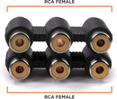 Triple RCA Coupler, Barrel Connector - 4 Pack - 3-Way (6 Port), Audio and Video Female to Female RCA to RCA Adapter