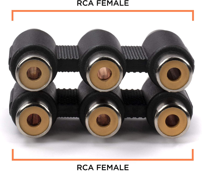 Triple RCA Coupler, Barrel Connector - 10 Pack - 3-Way (6 Port), Audio and Video Female to Female RCA to RCA Adapter