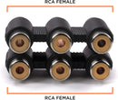 Triple RCA Coupler, Barrel Connector - 25 Pack - 3-Way (6 Port), Audio and Video Female to Female RCA to RCA Adapter