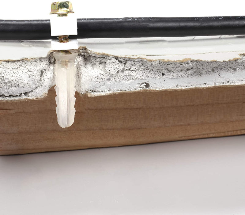 Ribbed Plastic Conical Anchors and White Cable Screw Clips - For Concrete, Stucco, Brick, Drywall, and Similar - Kit of 100 Screw Clips, and 100 Anchors