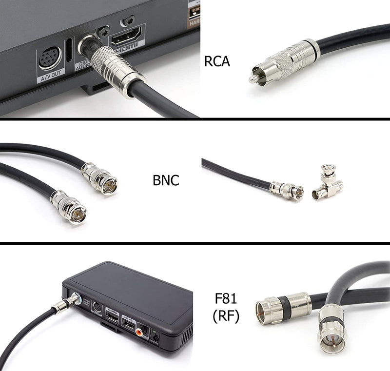 Digital Coaxial Cable Kit with Universal Ends -RG6 Coax Cable and six (6) Piece Adapter Kit includes Male Female RCA BNC F81, and Barrel Connectors - Black, 75 Feet