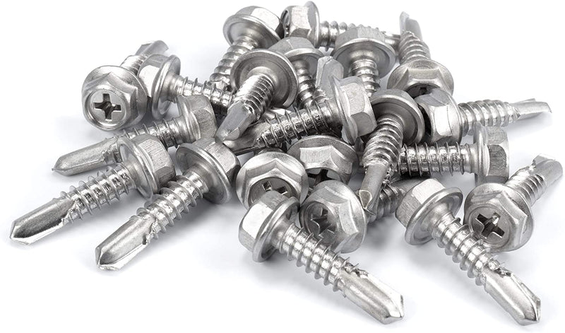 #14 Size, 1" Length (25mm) - Self Tapping Screw -- Self Drilling Screw - 410 Stainless Steel Screws = Exceptional Wear and Very Corrosion Resistant) - Hex and Phillips Head - 100pcs