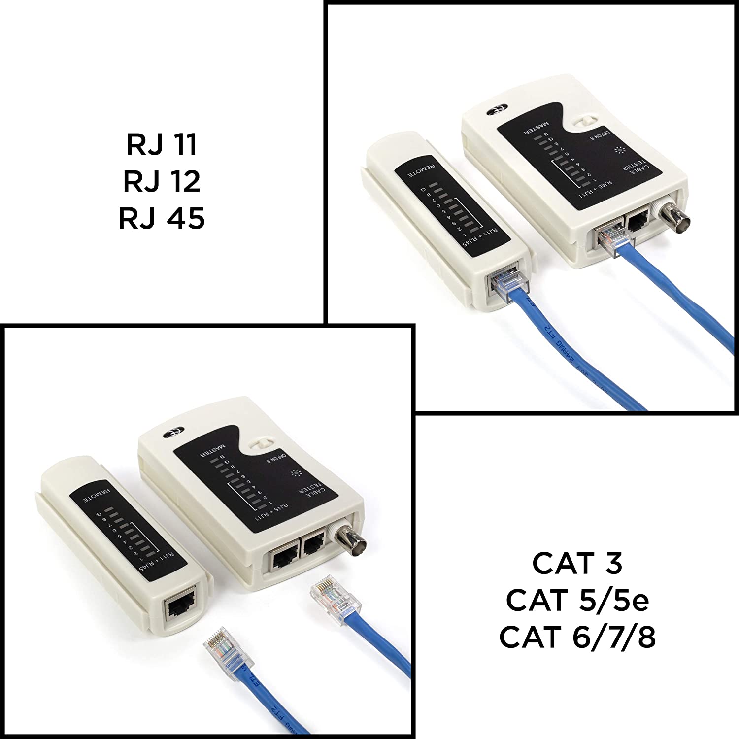 Universal Network Cable Tester Tool, BNC, RJ45, RJ11 (3-in-1) Multi-Tester White