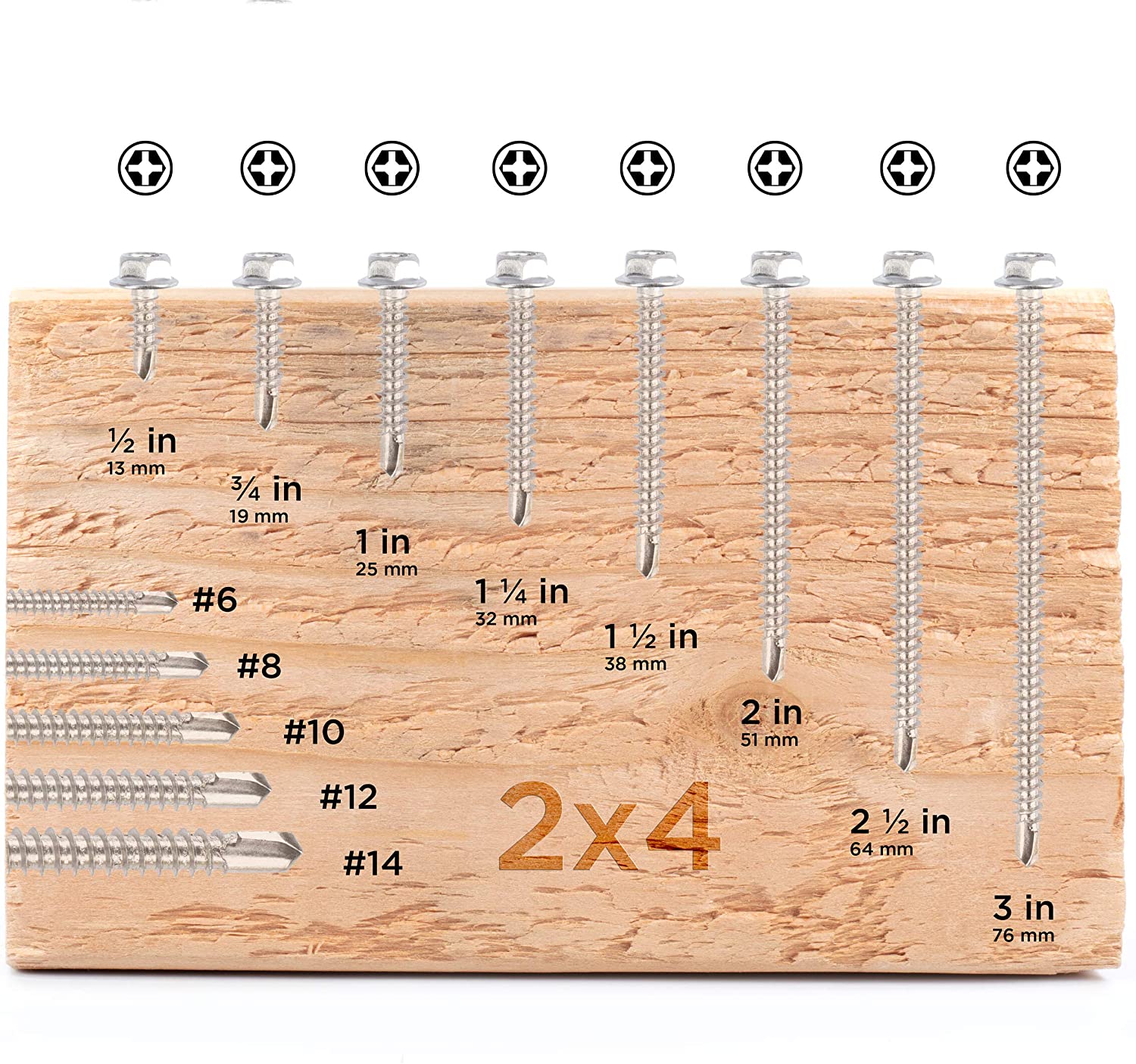 #10 Size, 1" Length (25mm) - Self Tapping Screw -- Self Drilling Screw - 410 Stainless Steel Screws = Exceptional Wear and Very Corrosion Resistant) - Hex and Phillips Head - 100pcs