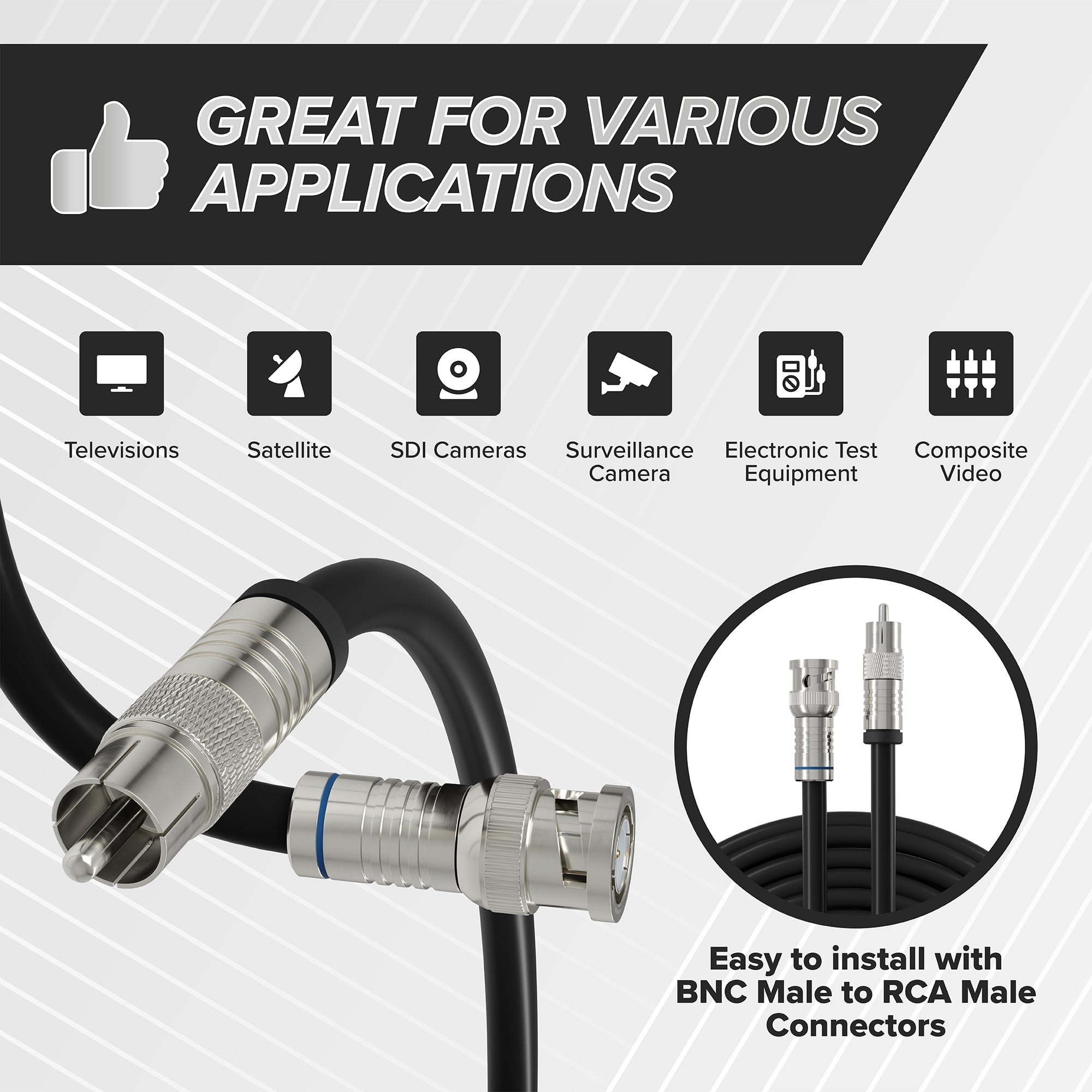Black, 3 ft BNC to RCA RG6 Cable - Professional Grade - Male BNC to Male RCA Cable  - BNC Cable - 75 Ohm Coaxial, 50/75 Ohm Connectors, SDI, HD-SDI, CCTV, Camera, and More - 3 Feet Long, in Black
