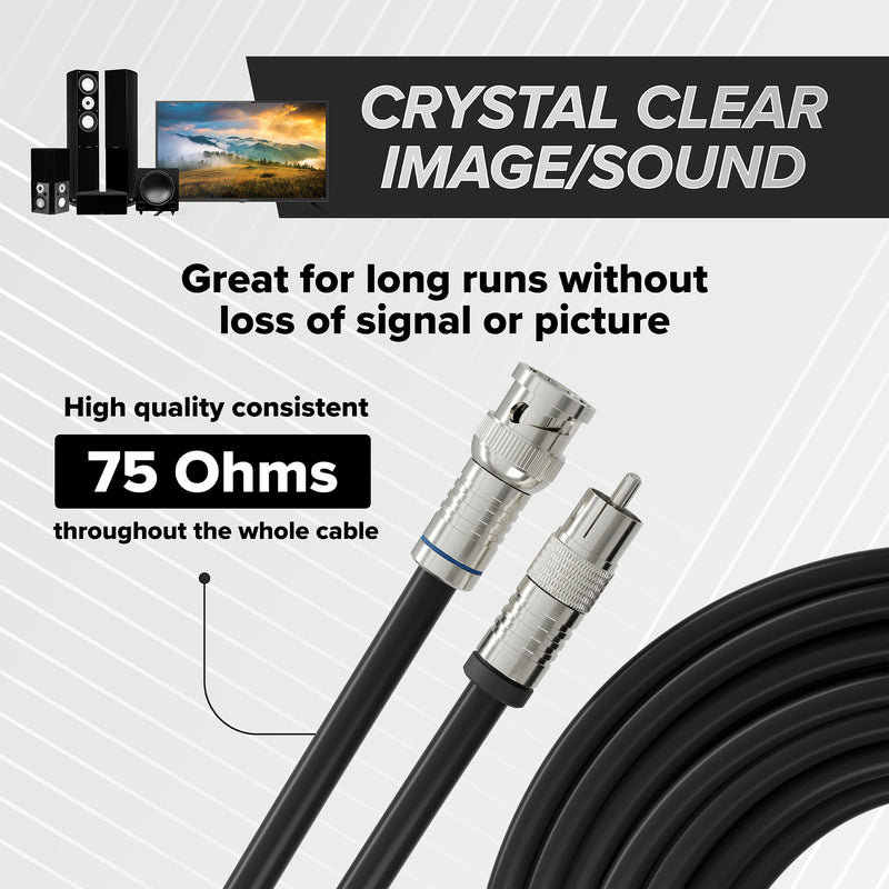 Black, 25 ft BNC to RCA RG6 Cable - Professional Grade - Male BNC to Male RCA Cable  - BNC Cable - 75 Ohm Coaxial, 50/75 Ohm Connectors, SDI, HD-SDI, CCTV, Camera, and More - 25 Feet Long, in Black