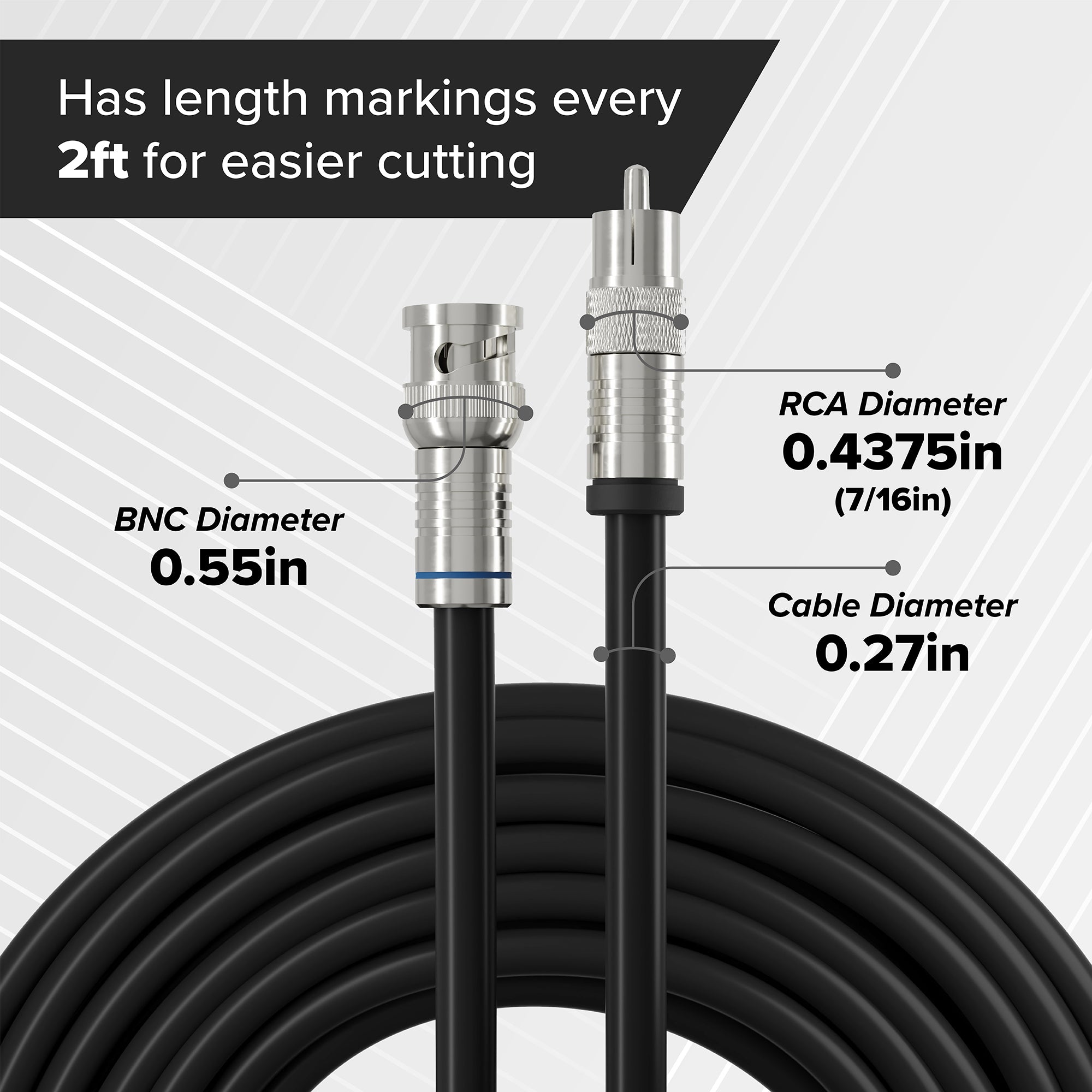 Black, 9 ft BNC to RCA RG6 Cable - Professional Grade - Male BNC to Male RCA Cable  - BNC Cable - 75 Ohm Coaxial, 50/75 Ohm Connectors, SDI, HD-SDI, CCTV, Camera, and More - 9 Feet Long, in Black