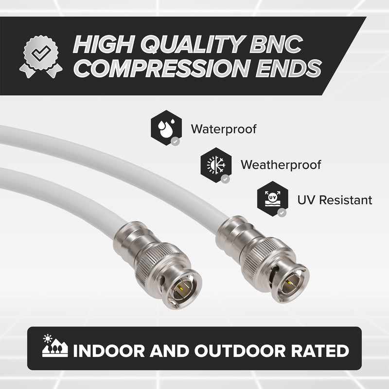 BNC Cable, White RG6 HD-SDI and SDI Cable (with two male BNC Connections) - 75 Ohm, Professional Grade, Low Loss Cable - 75 feet (75')