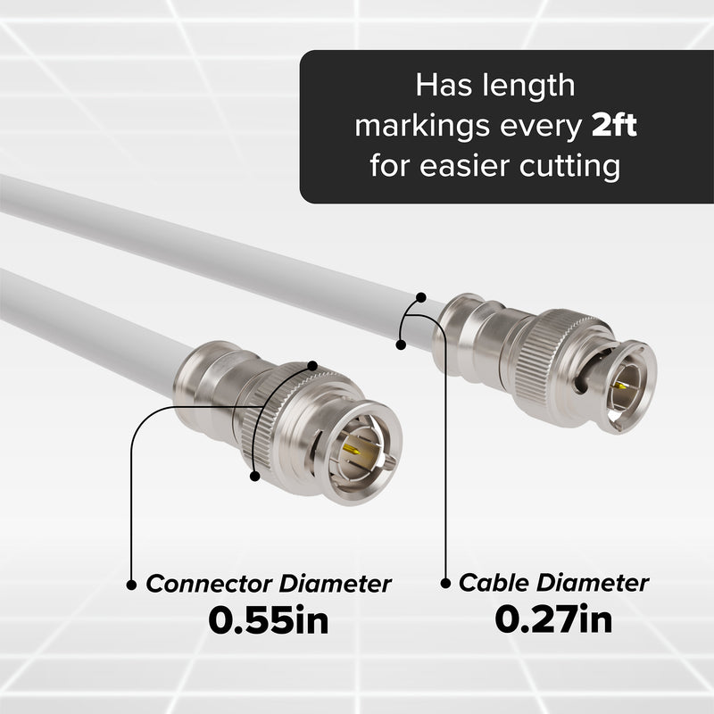 BNC Cable, White RG6 HD-SDI and SDI Cable (with two male BNC Connections) - 75 Ohm, Professional Grade, Low Loss Cable - 125 feet (125')