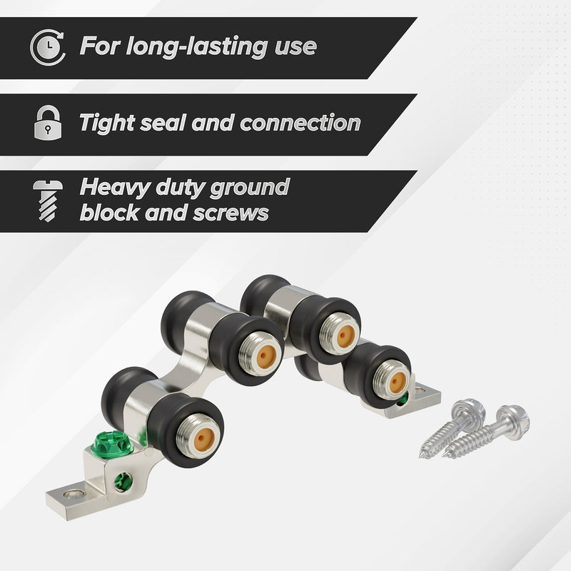 3 GHz High Frequency Ground Block - Quad Port - Weather Seal Boots for Coaxial Cable, Coax F Type approved for  Antenna, Satellite Dish, Cable TV - Four Port Grounding - 10 Pack