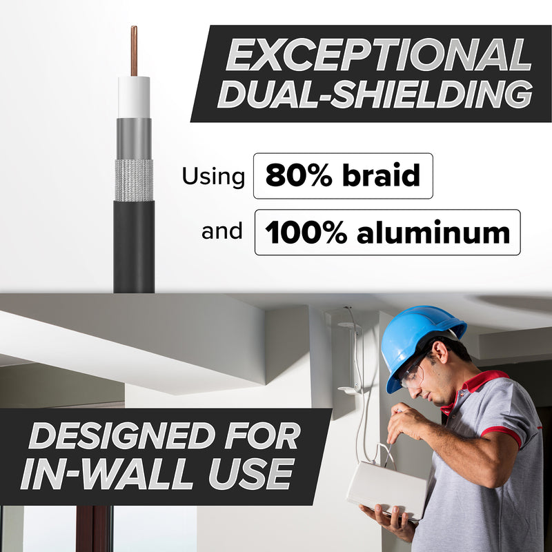 6' Feet, Black RG6 Coaxial Cable with rubber booted - Weather Proof Indoor / Outdoor Rated Connectors, F81 / RF, Digital Coax for CATV, Antenna, Internet, Satellite, and more