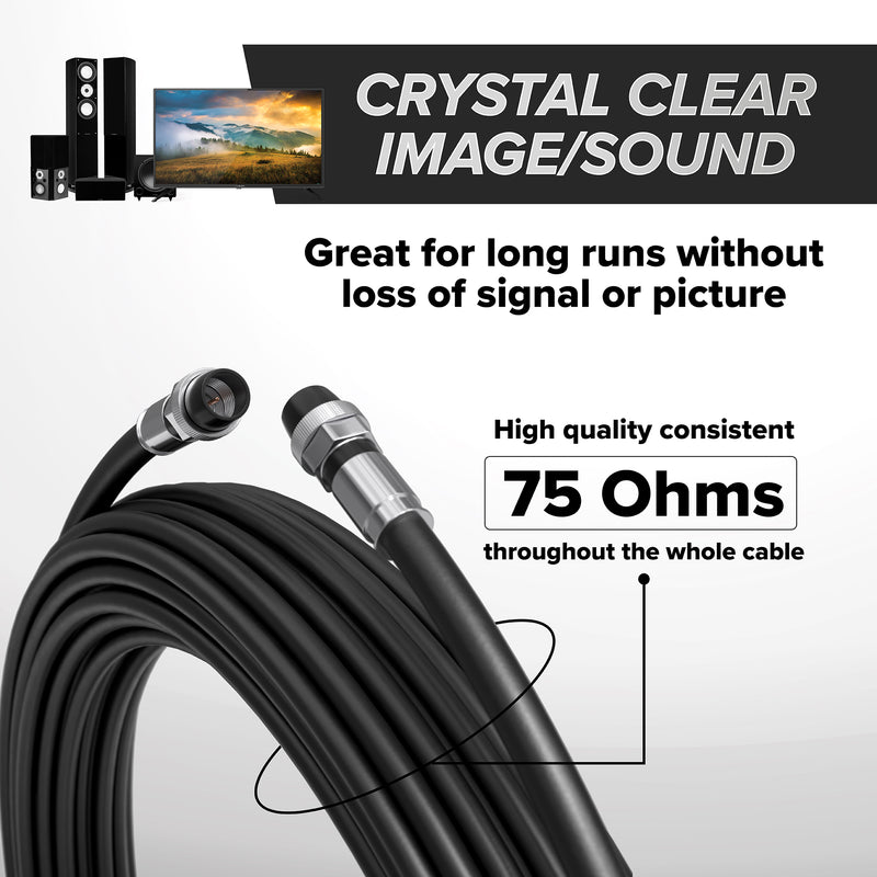 50' Feet, Black RG6 Coaxial Cable with rubber booted - Weather Proof Indoor / Outdoor Rated Connectors, F81 / RF, Digital Coax for CATV, Antenna, Internet, Satellite, and more