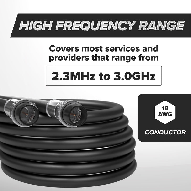 3' Feet, Black RG6 Coaxial Cable with rubber booted - Weather Proof Indoor / Outdoor Rated Connectors, F81 / RF, Digital Coax for CATV, Antenna, Internet, Satellite, and more