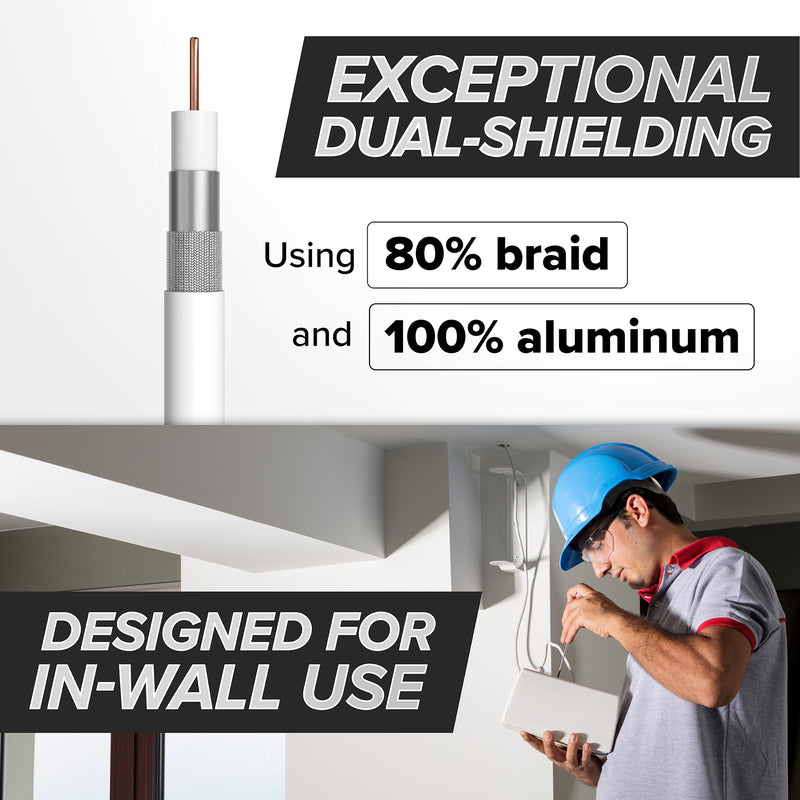 25' Feet, White RG6 Coaxial Cable with rubber booted - Weather Proof Indoor / Outdoor Rated Connectors, F81 / RF, Digital Coax for CATV, Antenna, Internet, Satellite, and more