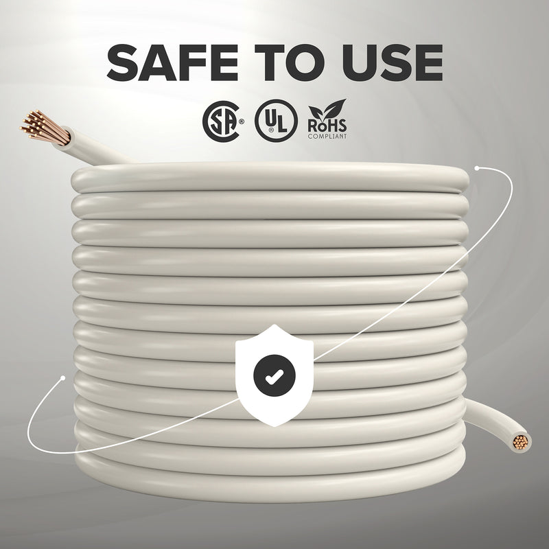 75 Feet (23 Meter) - Insulated Stranded Copper THHN / THWN Wire - 12 AWG, Wire is Made in the USA, Residential, Commercial, Industrial, Grounding, Electrical rated for 600 Volts - In White