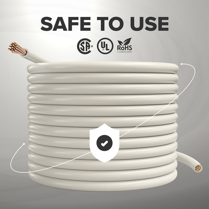 50 Feet (15 Meter) - Insulated Stranded Copper THHN / THWN Wire - 14 AWG, Wire is Made in the USA, Residential, Commercial, Industrial, Grounding, Electrical rated for 600 Volts - In White