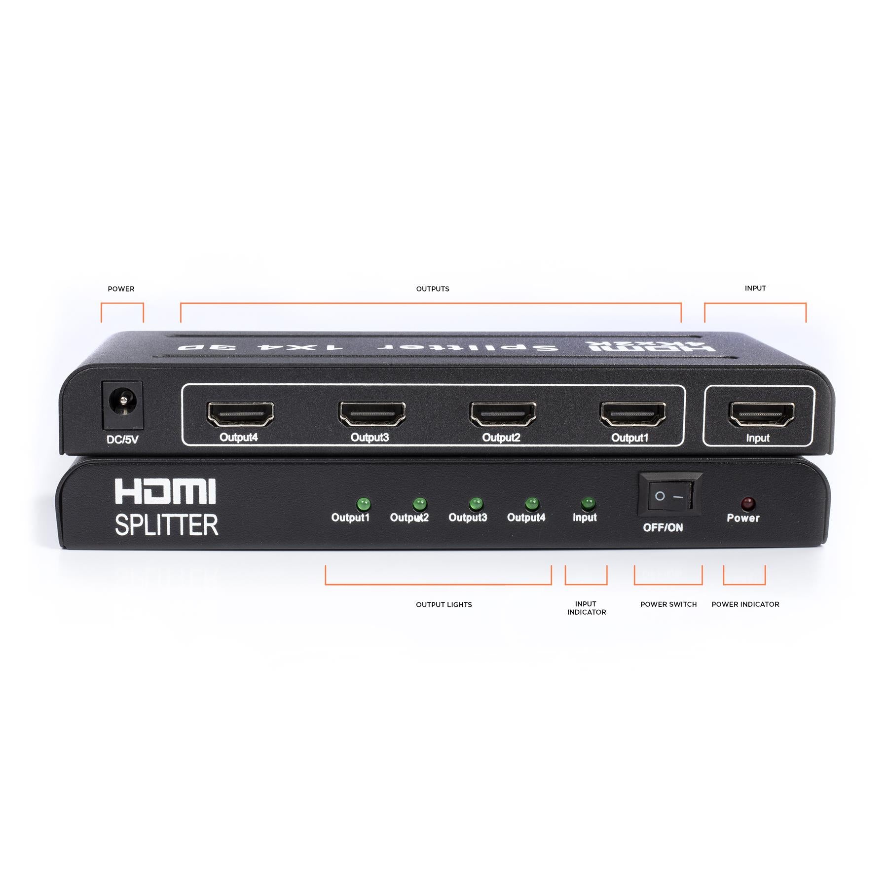 HD 1X4 HDMI Splitter Powered Kit - 4 Port Hub 1 in 4 Out - 4 HDMI Powered Splitter Box - 1080P, 2K, 3D, 4K, UHD, HDCP, YUV, HDR - Quad Monitor - Includes 4K and UHD - and HDMI Cable