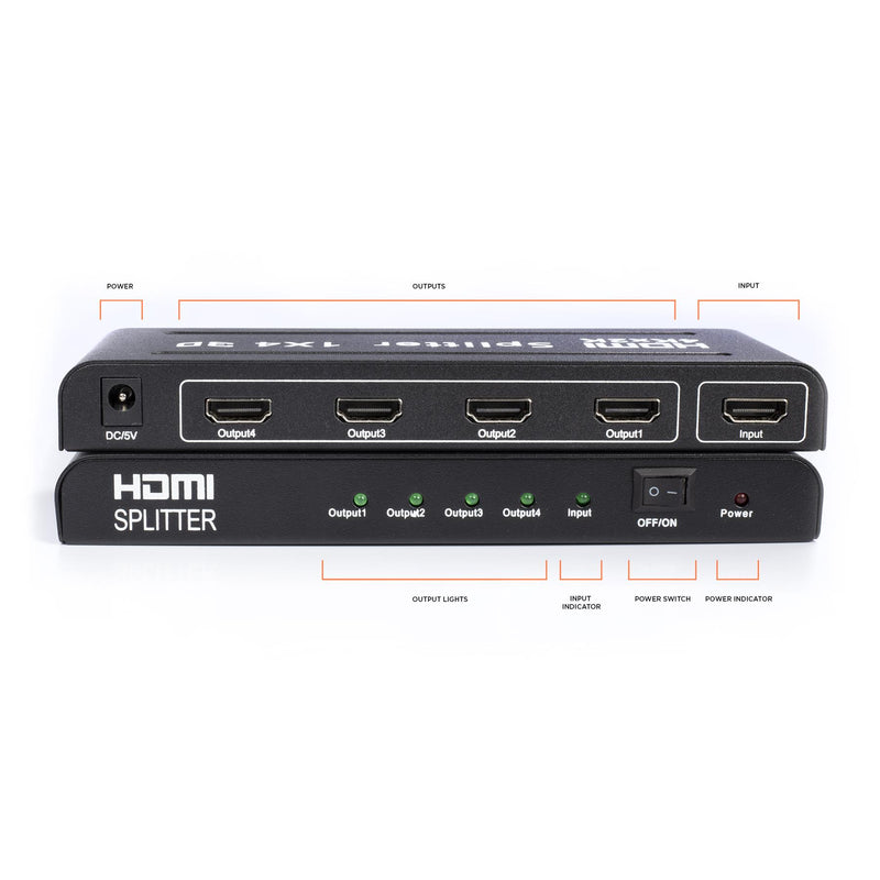 HD 1X4 HDMI Splitter Powered Kit - 4 Port Hub 1 in 4 Out - 4 HDMI Powered Splitter Box - 1080P, 2K, 3D, 4K, UHD, HDCP, YUV, HDR - Quad Monitor - Includes 4K and UHD - and HDMI Cable